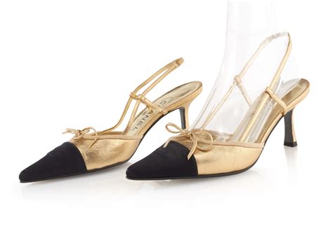 chanel black heels gold lining satin cap toe|Chanel slingbacks shoes.